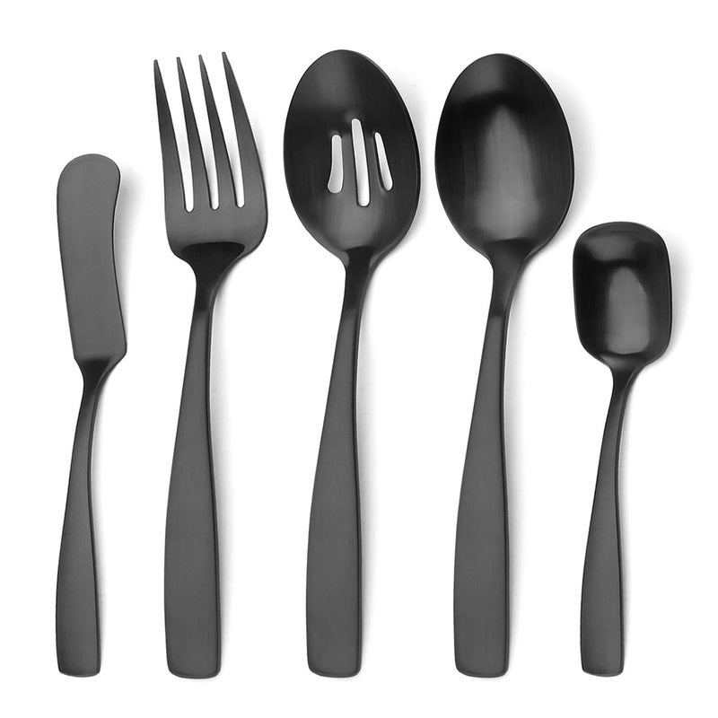 Bysta Serving Utensils Set, Matte Black 5-Piece Hostess Set, Stainless Steel Silverware Flatware Cutlery Serving Set, Satin Finish, Dishwasher Safe - Image 1
